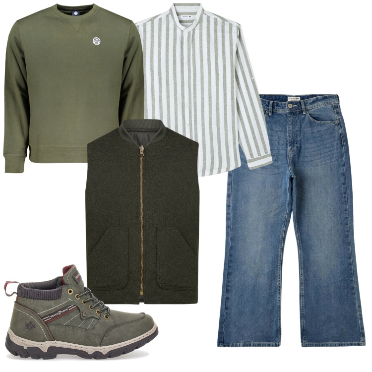 Outfit uomo - Una camicia sotto la felpa. Stile Casual per Tutti i giorni. Abbinamento con camicie, jeans bootcut, stivali e stivaletti, felpe, piumini.