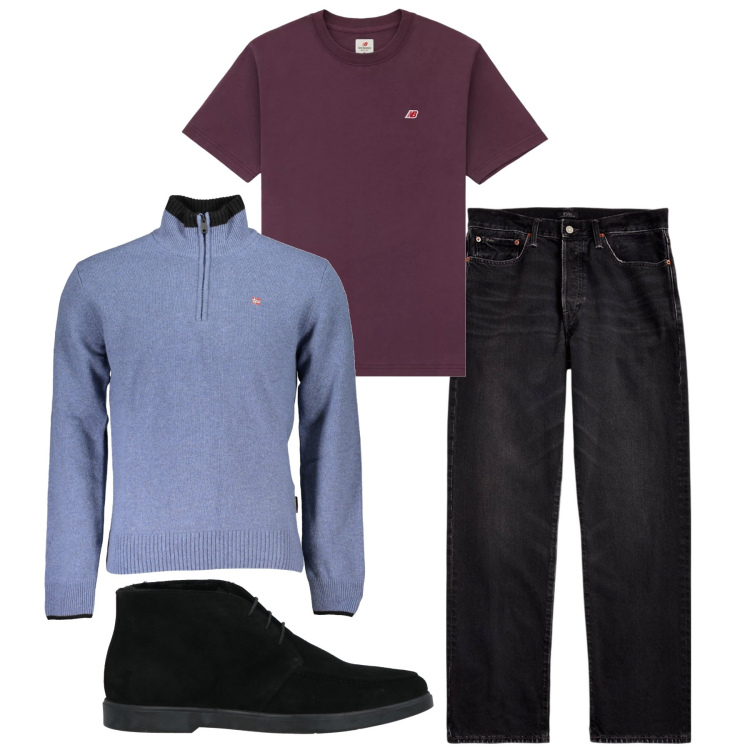 Outfit uomo - Un jeans comodo. Stile Casual per Tutti i giorni. Abbinamento con stivali e stivaletti, t-shirt, jeans dritti, maglieria.