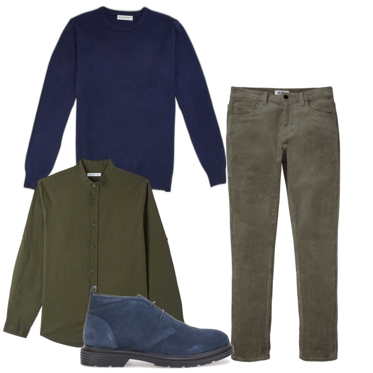 Outfit uomo - velluto a coste verde col blu. Stile Casual per Tutti i giorni. Abbinamento con pantaloni, camicie, scarpe stringate, pullovers.