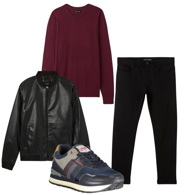 Outfit uomo - Borgogna a novembre. Stile Casual per Tutti i giorni. Abbinamento con bomber, maglieria, pantaloni skinny, sneakers.
