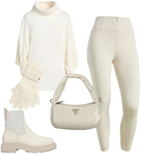 Outfit donna - Verso il bianco inverno. Stile Vintage retrò per Tutti i giorni. Abbinamento con stivaletti chelsea, maglieria, pantaloni skinny, guanti, borse a spalla.