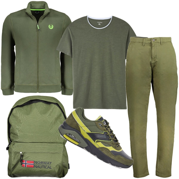 Outfit uomo - Nel segno del verde. Stile Casual per Sport. Abbinamento con t-shirt, pantaloni, borse sportive, felpe, sneakers.