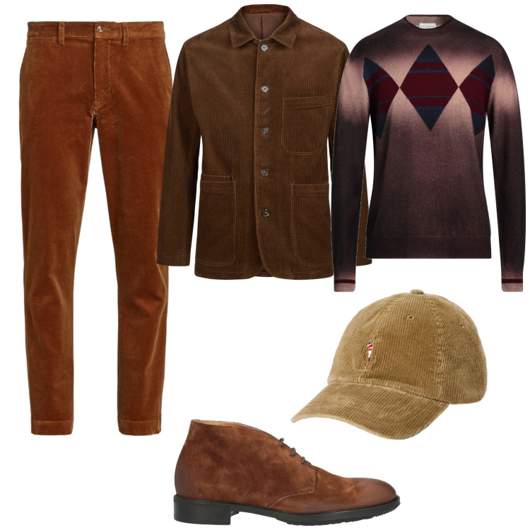 Outfit uomo - Velluto a coste. Stile Trendy per Serata speciale. Abbinamento con stivali e stivaletti, pullovers, cappelli, pantaloni, giacche.