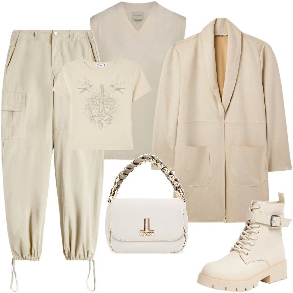 Outfit donna - Color burro per l\'inverno. Stile Urban per Tutti i giorni. Abbinamento con t-shirt, trench, anfibi, pantaloni cargo, maglieria, borse a tracolla.
