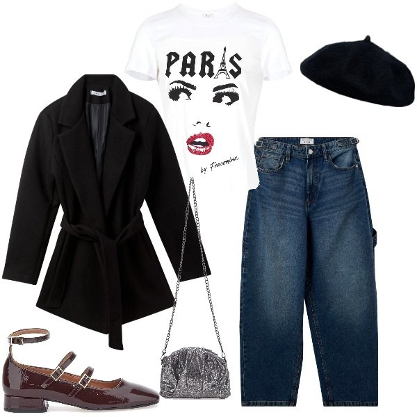 Outfit donna - Paris. Stile Urban per Tutti i giorni. Abbinamento con jeans, cappotti, t-shirt, cappelli e berretti, ballerine, pochette.