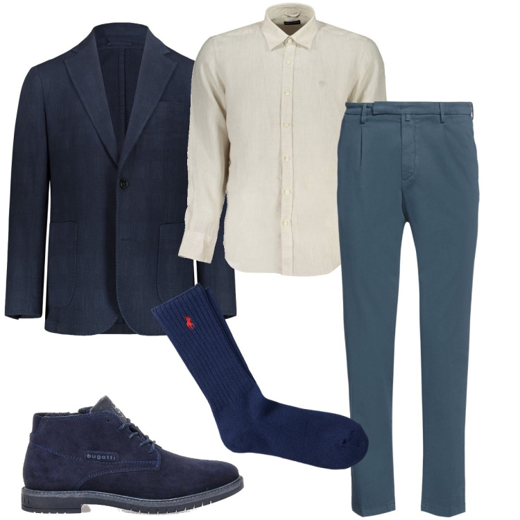 Outfit uomo - Scamosciate blu. Stile Business/Elegante per Serata speciale. Abbinamento con pantaloni chino, calzini, giacche, scarpe stringate, camicie.