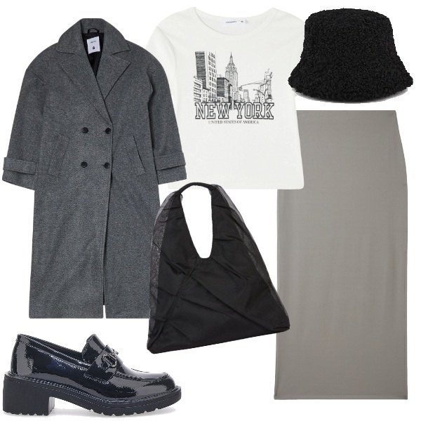 Outfit donna - New York. Stile Urban per Tutti i giorni. Abbinamento con cappotti, gonne lunghe, t-shirt, mocassini, cappelli, shopping bag.