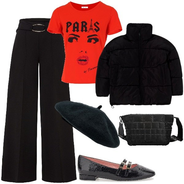 Outfit donna - Paris. Stile Urban per Tutti i giorni. Abbinamento con pantaloni a palazzo, blazer, t-shirt, ballerine, pochette, cappelli e berretti.