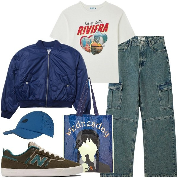 Outfit donna - Saluti dalla Riviera. Stile Urban per Tutti i giorni. Abbinamento con jeans, bomber, t-shirt, sneakers, cappelli, shopping bag.