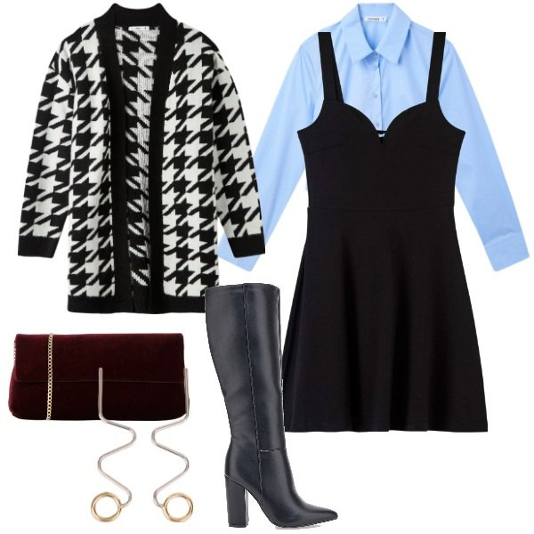 Outfit donna - Aperitivo dopo ufficio. Stile Trendy per Serata fuori. Abbinamento con camicie, cardigans, vestiti, pochette, orecchini, stivali.