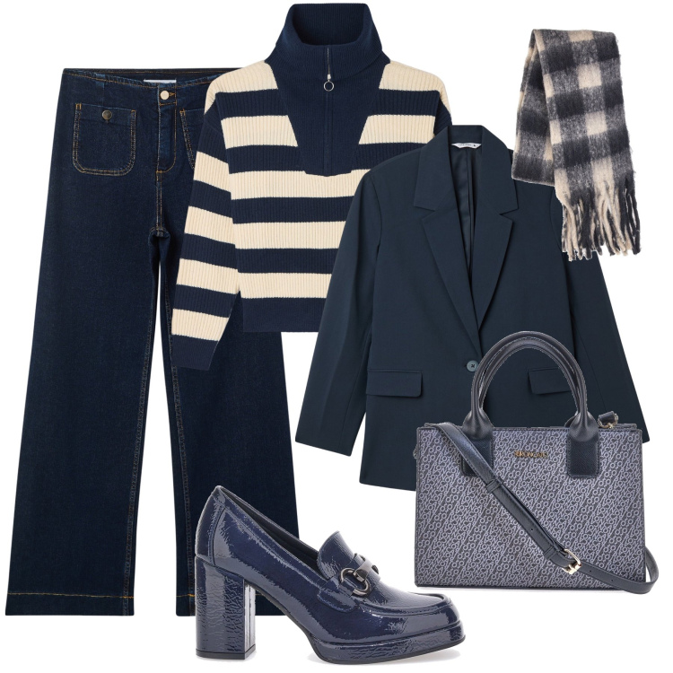 Outfit donna - I mocassini col tacco British style. Stile Trendy per Tutti i giorni. Abbinamento con jeans, maglieria, blazer, borse a tracolla, sciarpe, mocassini.