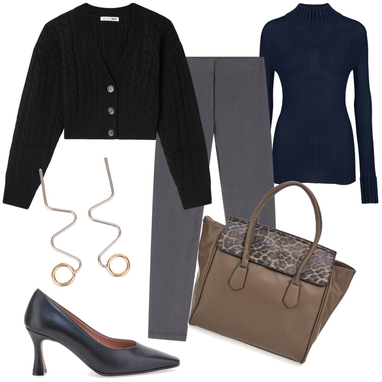 Outfit donna - Il golfino per un ufficio freschino. Stile Urban per Ufficio. Abbinamento con cardigans, pantaloni skinny, maglieria, décolleté, orecchini, borse a mano.