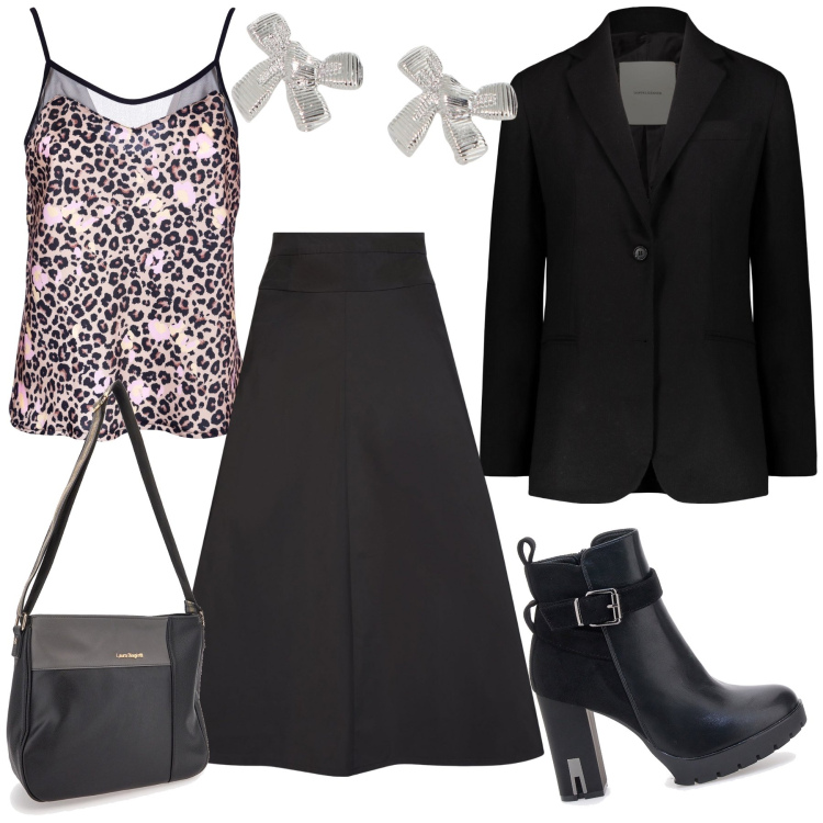 Outfit donna - Total look. Stile Glamour per Ufficio. Abbinamento con orecchini, top, stivaletti, gonne, blazer, borse a tracolla.