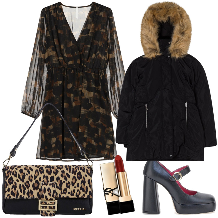 Outfit donna - Un caldo aperitivo. Stile Glamour per Serata fuori. Abbinamento con rossetti, parka, vestiti corti, borse a spalla, décolleté.