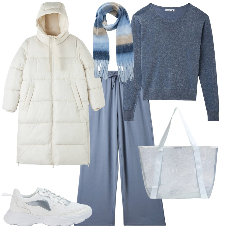 Outfit donna - Total look #2000880. Stile Urban per Scuola/Università. Abbinamento con sciarpe, pantaloni, maglieria, piumini, sneakers, shopping bag.