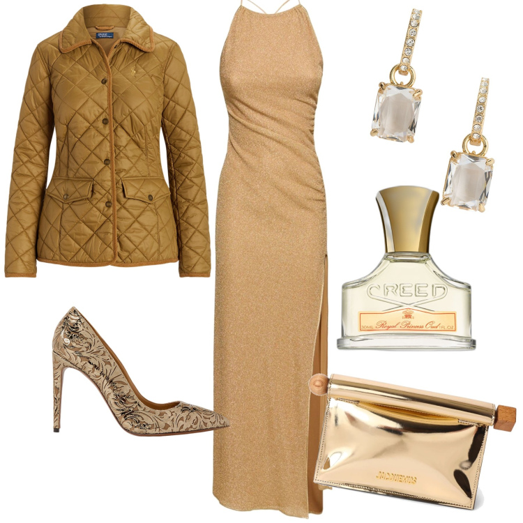 Outfit donna - Golden. Stile Bon Ton per Serata fuori. Abbinamento con profumi, giacche, orecchini, décolleté, vestiti lunghi, pochette.
