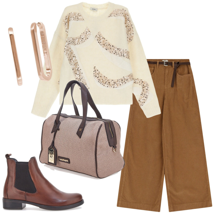 Outfit donna - I toni del marrone. Stile Basic per Tutti i giorni. Abbinamento con orecchini, pantaloni, maglieria, stivaletti, borse a mano.