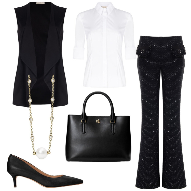 Outfit donna - Al lavoro. Stile Casual chic per Ufficio. Abbinamento con collane, gilet, pantaloni a palazzo, camicie, décolleté, borse a mano.