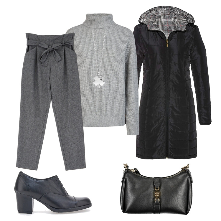 Outfit donna - Total look #2000921. Stile Casual chic per Ufficio. Abbinamento con blazer, collane, pantaloni, maglieria, borse a tracolla, scarpe stringate.