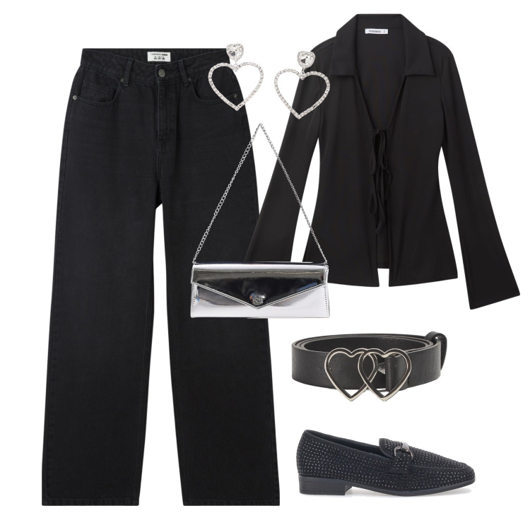 Outfit donna - Mocassini per la sera. Stile Glamour per Serata fuori. Abbinamento con camicie, jeans, cinture, pochette, orecchini, mocassini.