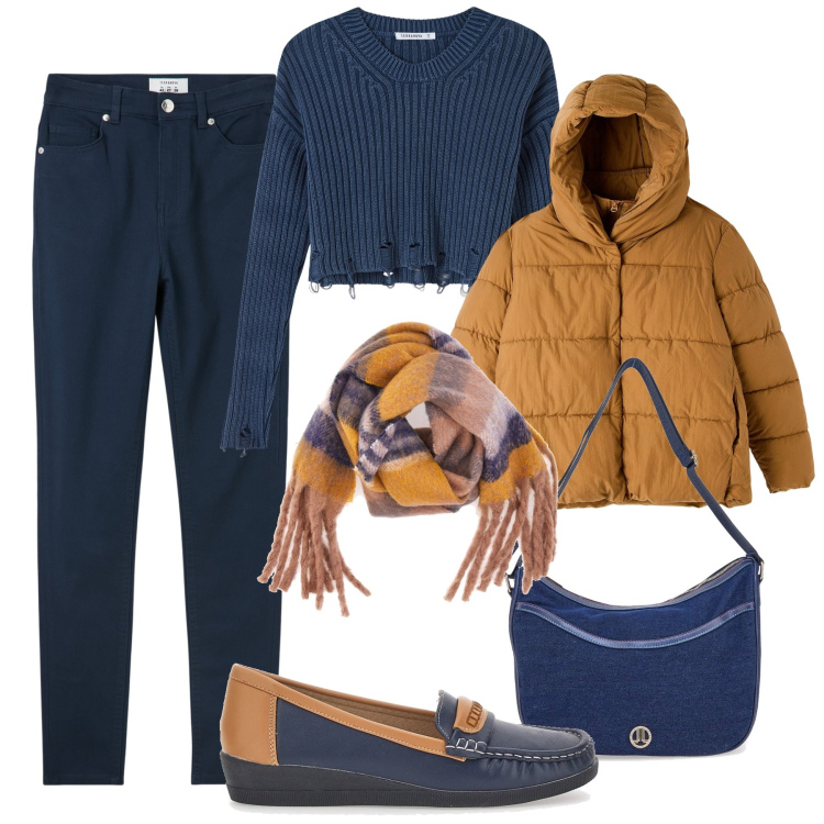 Outfit donna - Mocassini in città !. Stile Casual per Tutti i giorni. Abbinamento con pantaloni skinny, piumini, maglieria, mocassini, sciarpe, borse a tracolla.