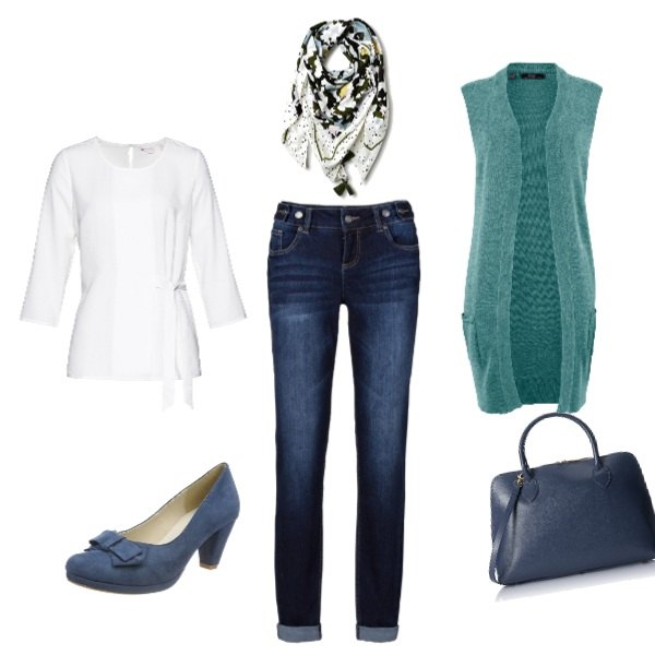 Outfit donna - Total look #200095. per Tutti i giorni. Abbinamento con jeans boyfriend, vestiti, gilet in in maglia blu e corda, scarpe col tacco in denim blu, borsa a mano blu, cappello taglia unica multicolore e verde.