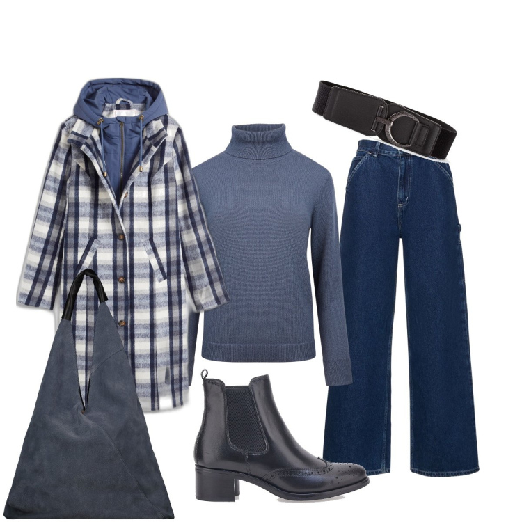 Outfit donna - Azzurro polvere. Stile Minimal per Tutti i giorni. Abbinamento con cinture, cappotti, maglieria, stivaletti chelsea, pantaloni, borse a spalla.