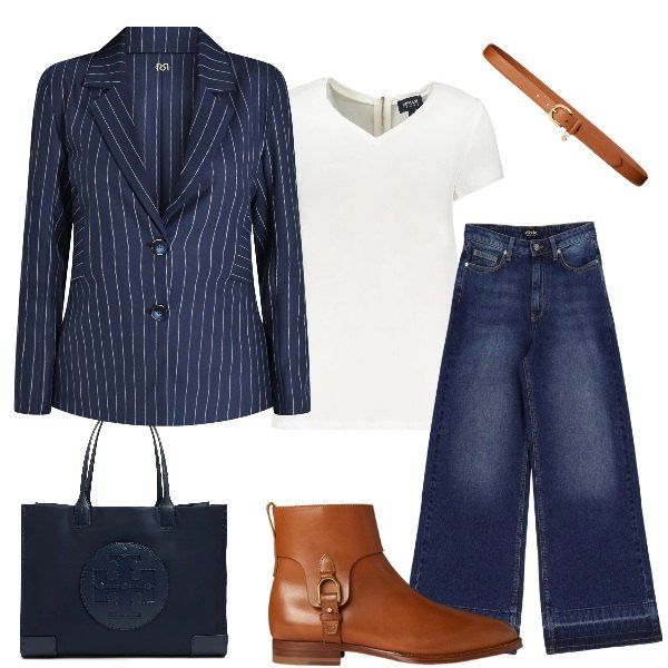 Outfit donna - Gessato in ufficio. Stile Casual chic per Ufficio. Abbinamento con blazer, jeans, cinture, stivaletti, t-shirt, shopping bag.