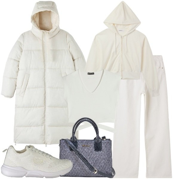 Outfit donna - Inverno in total white. Stile Trendy per Tutti i giorni. Abbinamento con pantaloni, piumini, felpe con cappuccio, t-shirt, borse a tracolla, sneakers.