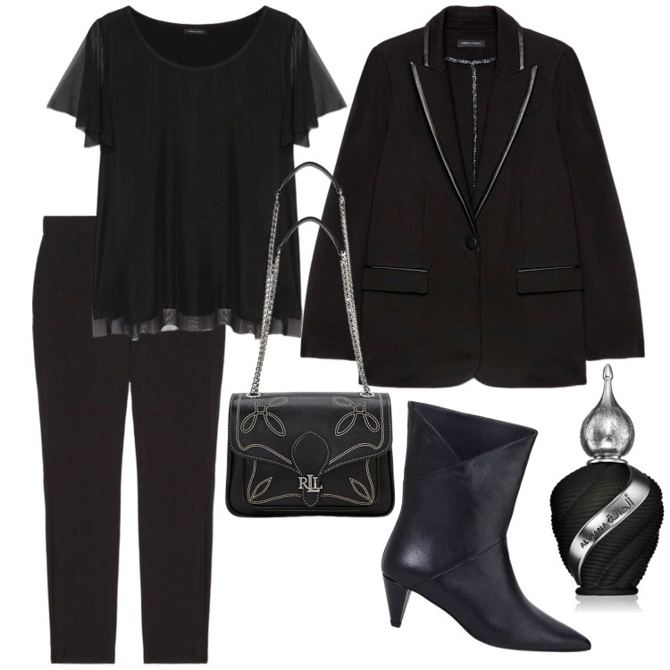 Outfit donna - Total look #2000994. Stile Rock per Serata fuori. Abbinamento con profumi, stivaletti, borse a spalla, t-shirt, jeggings, blazer.