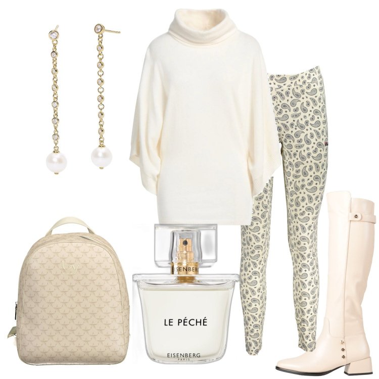 Outfit donna - Leggins e stivali sopra il ginocchio. Stile Casual per Tutti i giorni. Abbinamento con stivali, maglieria, profumi, orecchini, leggings, zaini.