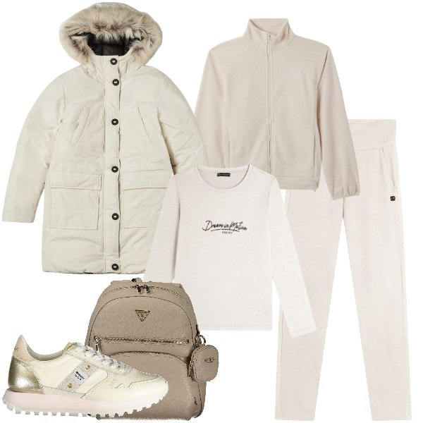 Outfit donna - Sporty in bianco. Stile Sporty chic per Sport. Abbinamento con parka, felpe, pantaloni, t-shirt, sneakers, zaini.