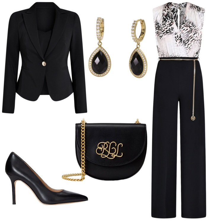 Outfit donna - Tuta palazzo. Stile Chic per Cerimonia. Abbinamento con orecchini, blazer, tute, décolleté, borse a tracolla.