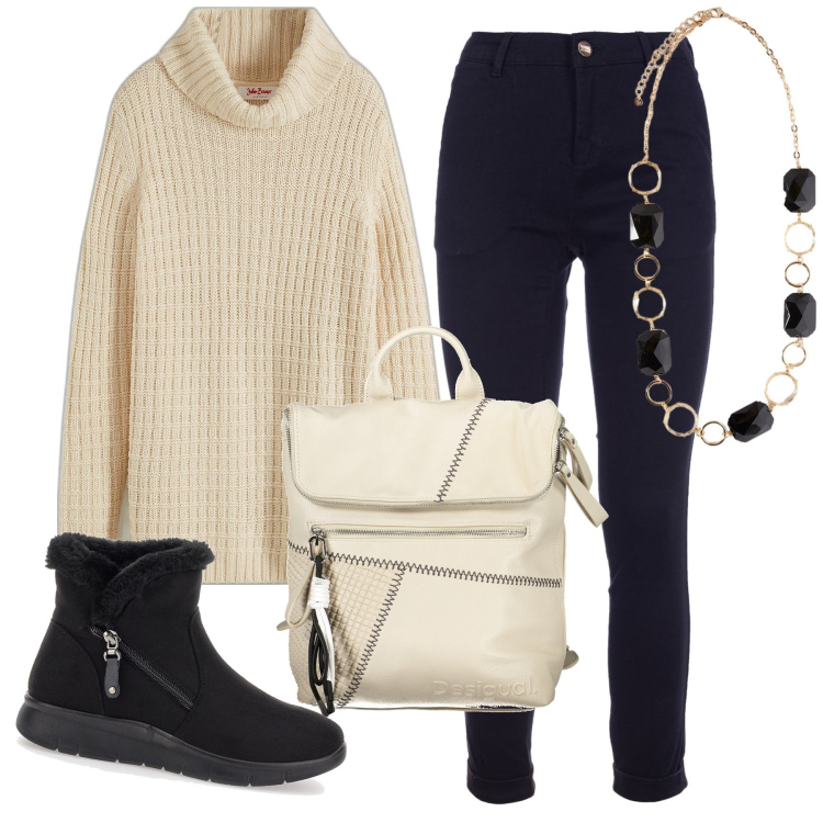 Outfit donna - Total look #2001020. Stile Boho per Tutti i giorni. Abbinamento con maglieria, pantaloni, stivaletti, zaini, collane.