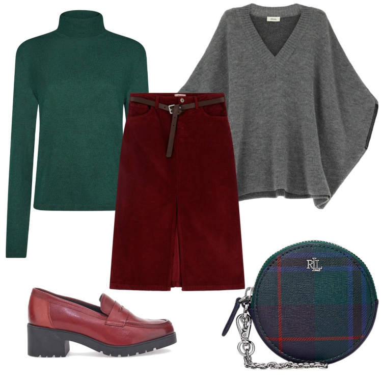 Outfit donna - Mocassini e gonna velluto. Stile Casual per Tutti i giorni. Abbinamento con gonne, cappotti, pochette, mocassini, maglieria.