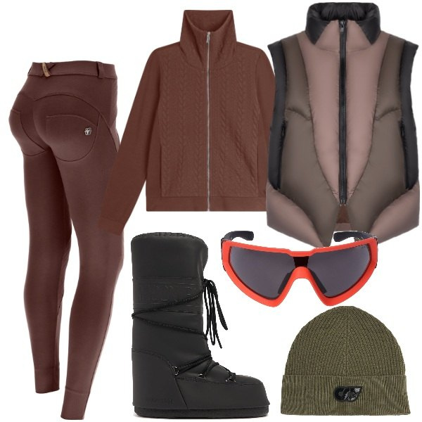 Outfit donna - Sci-fi inspiration. Stile Sporty chic per Sport. Abbinamento con pantaloni skinny, felpe, piumini, occhiali da sole, berretti, stivali.