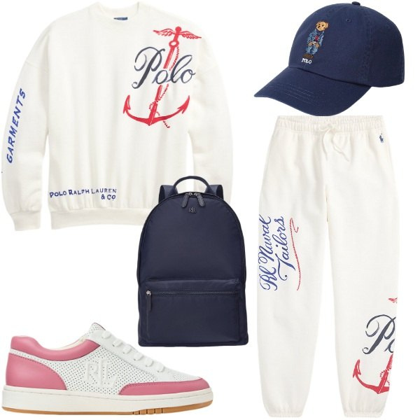 Outfit donna - outfit nautico. Stile Sporty chic per Sport. Abbinamento con zaini, pantaloni, sneakers, cappelli, felpe.