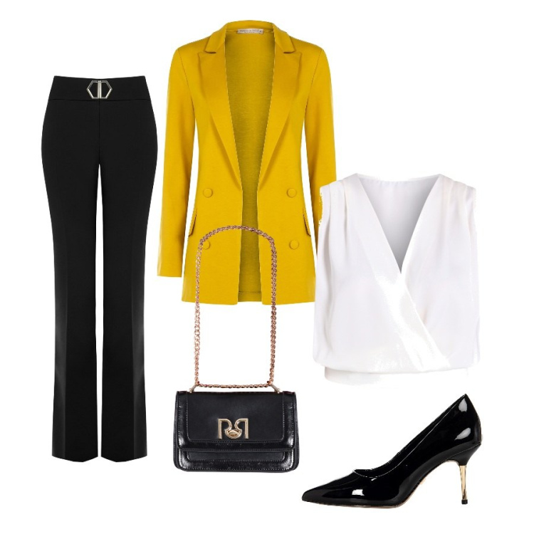 Outfit donna - Rinascimento - Black Friday. Stile Chic per Serata fuori. Abbinamento con top, blazer, pantaloni, décolleté, borse a tracolla.