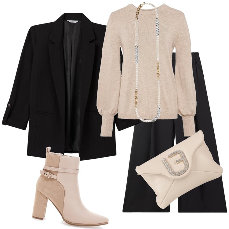 Outfit donna - Total look #2001043. Stile Minimal per Ufficio. Abbinamento con maglieria, borse a mano, pantaloni, blazer, collane, stivaletti.