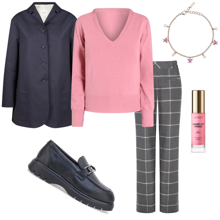 Outfit donna - Il maglione rosa. Stile Bon Ton per Tutti i giorni. Abbinamento con primer, braccialetti, maglieria, pantaloni, trench, mocassini.
