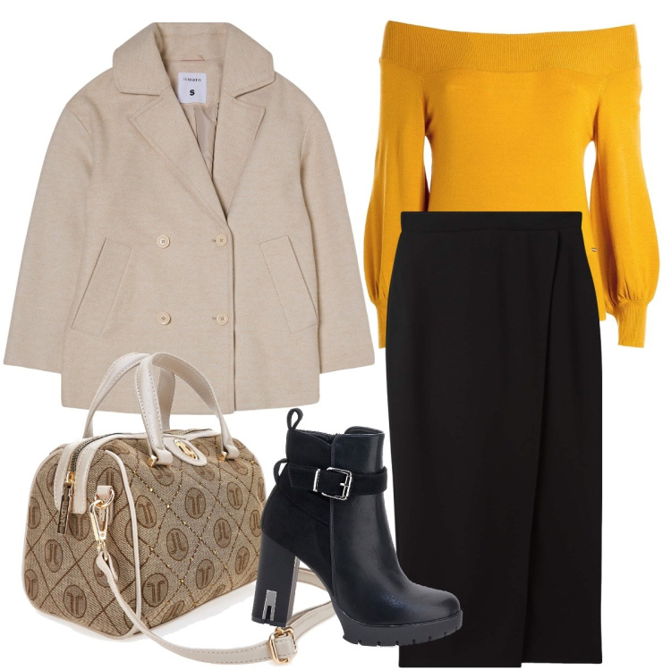 Outfit donna - Scollatura a barchetta. Stile Bon Ton per Ufficio. Abbinamento con gonne longuette, caban, maglieria, stivaletti, borse a mano.