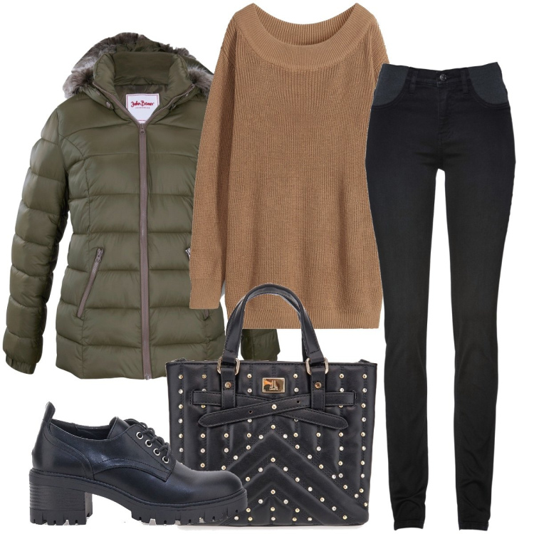 Outfit donna - La borsa con le borchie. Stile Casual chic per Tutti i giorni. Abbinamento con jeans skinny, maglieria, piumini, scarpe stringate, borse a mano.