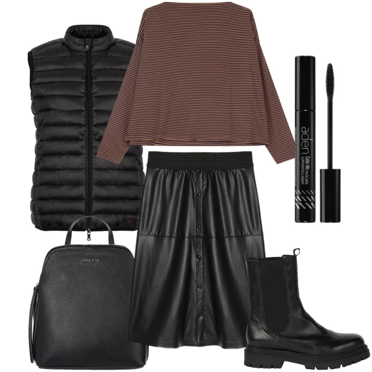 Outfit donna - Trendy con le righe. Stile Trendy per Serata fuori. Abbinamento con mascara, zaini, maglieria, piumini, gonne lunghe, stivaletti chelsea.