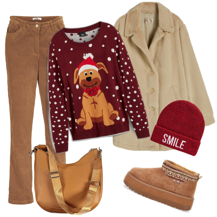 Outfit donna - Total look #2001071. Stile Trendy per Tutti i giorni. Abbinamento con pantaloni, maglieria, berretti, cappotti, stivaletti, borse a spalla.