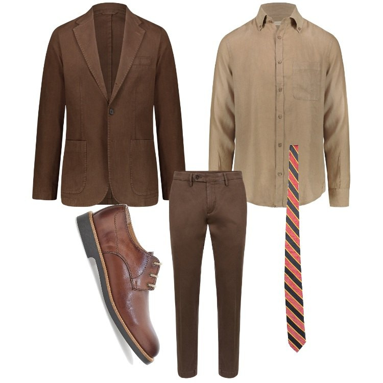 Outfit uomo - Elegante in marrone. Stile Business/Elegante per Ufficio. Abbinamento con scarpe stringate, pantaloni chino, cravatte, giacche, camicie.