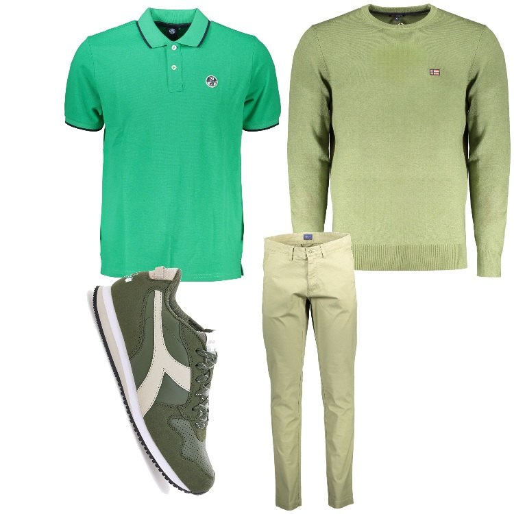 Outfit uomo - Quell´idea di verde. Stile Casual per Tutti i giorni. Abbinamento con sneakers, maglieria, polo, pantaloni.