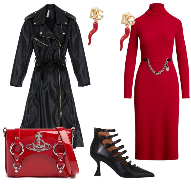 Outfit donna - Capodanno. Stile Rock per Serata fuori. Abbinamento con trench, stivaletti, vestiti, borse a spalla, orecchini.