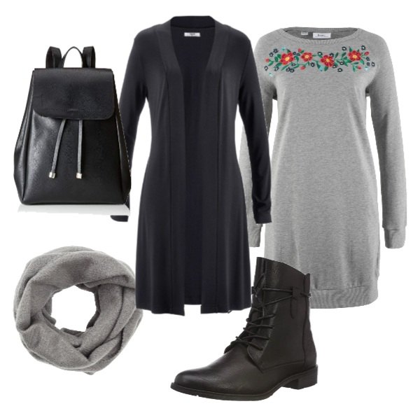 Outfit donna - Urban #9089. Stile Urban per Scuola/Università. Abbinamento con cardigans, vestito, sciarpa, borsa zainetto nero, stivali nero.