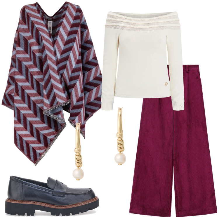 Outfit donna - Mocassini carro armato. Stile Sporty chic per Ufficio. Abbinamento con pantaloni a palazzo, maglieria, cappe, orecchini, mocassini.