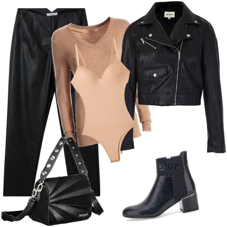 Outfit donna - Total look #2001094. Stile Rock per Tutti i giorni. Abbinamento con pantaloni chino, body, maglieria, blazer, stivaletti, borse a spalla.